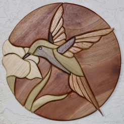 Intarsia art titled "Hummingbird" by Rod Funk